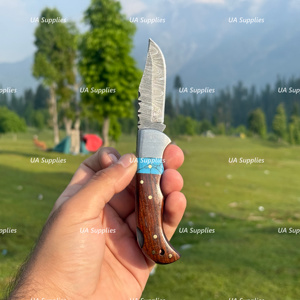 Damascus Steel Drop Point Camping Knife With Wood Handle And Turquoise Inlay Folding Pocket Knife EDC Outdoor <b>Tool</b> - Product Image 3