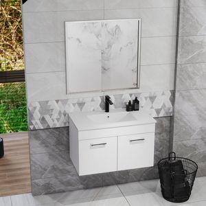 Mobile Bagno Sospeso da 32 Pollici con Lavabo e Specchio, Doppia Anta, Telaio in Alluminio Argento - Serie C-Bathroom - Product Image 5