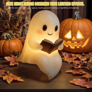 Statuetta di Fantasma Carino che Legge un Libro, Luce Notturna Calda per Interni, Decorazione per Casa e Caminetto, Regalo di Halloween - Product Image 4