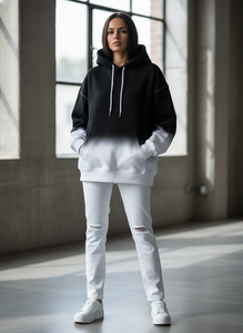 Sweat à capuche oversize personnalisé dégradé pour homme, en coton épais, ombré noir et blanc, pull streetwear unisexe en molleton - Product Image 5