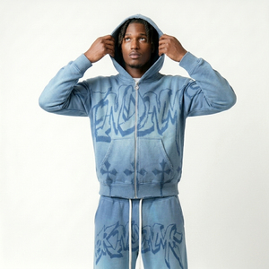 Men's Blue <b>Tie</b>-<b>Dye</b> Streetwear Tracksuit Hoodie & Sweatpants <b>Set</b> Full Zipper Loose Fit Printed Cross Pattern 100% Cotton Suite - Product Image 5