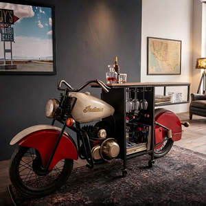 Carrito de bar industrial y vintage de hierro y madera con diseño de bicicleta, estilo automóvil antiguo de Indiana, para vinos. - Product Image 1