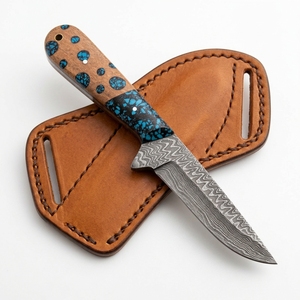 Couteau de chasse en acier de Damas en gros, manche hybride personnalisé en résine turquoise et bois, lame fixe, couteau de camping extérieur OEM - Product Image 4