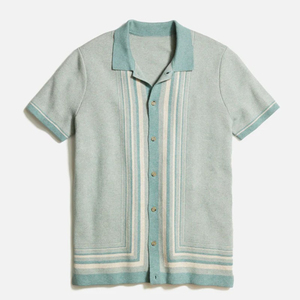Polo de Manga Corta para Hombre, Azul Claro a Rayas, Tejido de Punto, Diseño Casual con Botones, Corte Regular, Algodón Piqué Transpirable - Product Image 1