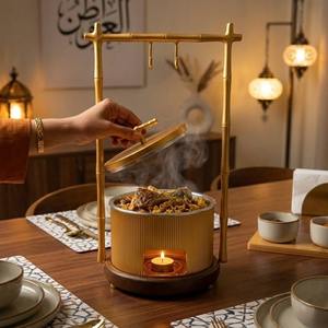 Exquisite Gold Bamboo Frame Hanging Chafing Dish with Round <b>Food</b> <b>Warmer</b> and Candle Stand for Oriental Theme Luxury Buffet Decor - Product Image 4