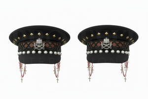 Costume Accessories Custom Red Fashion Peak <b>Cap</b> With Stud Decoration Pearl Chain Embellished Adjustable Flat Top <b>Hat</b> Party <b>Caps</b> - Product Image 2