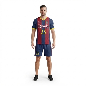 OEM Custom Men's Navy <b>Red</b> <b>Striped</b> Quick Dry V-neck Soccer Jersey Kit Sublimated Polyester Football Shorts Set with Royals FC - Product Image 1