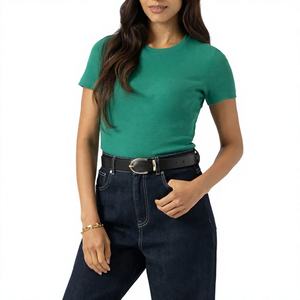 Nueva Llegada 2026 Camiseta Verde de Cuello Redondo y Manga Corta para Mujer, 100% Algodón Jersey, Corte Ajustado, Color Sólido, Informal, para Primavera/Verano - Product Image 1