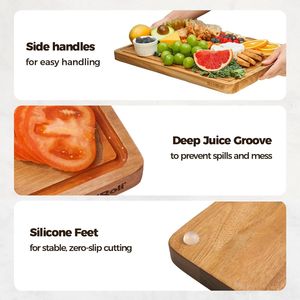 Ensemble de 3 planches à découper en bois d'acacia pour la cuisine, blocs de découpe épais et durables avec rainures pour le jus, poignées pratiques pour la préparation et le service - Product Image 2
