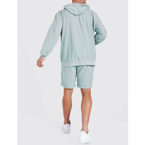 Ensemble de survêtement bleu clair à capuche pour homme, manches longues, short, couleur unie, décontracté, respirant, en coton, coupe ample, pour l'été - Product Image 2