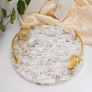 Plateau en nacre avec motif de feuilles, poignée en métal, forme ronde ovale, objet décoratif, plateau en nacre - Product Image 1