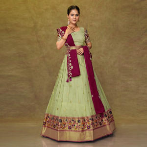 Conjunto de Lehenga Choli de Seda Banarasi de Diseño, con Patrón de Tejido Tradicional, Falda Acampanada, Dupatta Elegante, Sin Arrugas, Largo hasta el Suelo, para Fiesta de Gala - Product Image 4