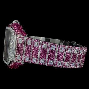 Montre-bracelet de luxe pour homme, rose et blanche, avec diamants CZ, boîtier carré à lunette uniquement, cadran blanc entièrement serti de diamants, entièrement glacée de pierres précieuses - Product Image 3