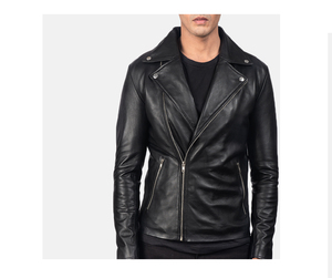 Veste moto en cuir véritable noir pour homme, col rabattu, fermeture éclair, coupe ajustée, longueur normale, pour l'automne - Product Image 4