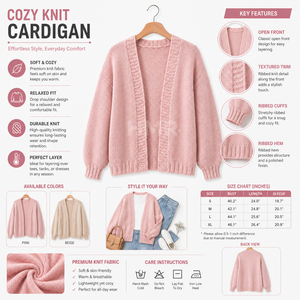 Cárdigan de Punto Acrílico Rosa de la Hermandad HMR, Manga Larga, Casual, Color Sólido, Hombros Caídos, con Bolsillos - Product Image 6