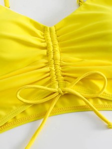 Conjunto de traje de baño de dos piezas con estampado tropical amarillo para mujer, pantalones cortos tankini con cuello en V profundo, ropa de playa, poliéster elástico de spandex - Product Image 3