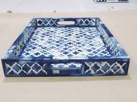 Bandeja Otomana Rectangular Multifuncional Hecha a Mano, Estilo Moderno Rústico, con Incrustaciones de Hueso Azul Marroquí, Diseño Floral Geométrico, para Ramadán