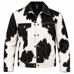 Veste en fourrure à imprimé vache noir et blanc pour homme, style western, boutonnée, col rabattu - Product Image 5