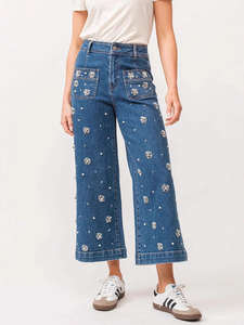 กางเกงยีนส์คาร์โก้ทรงตรงเอวสูงสำหรับผู้หญิง ผ้าฝ้ายผสมโพลีเอสเตอร์ปักลายวินเทจ เป็นมิตรต่อสิ่งแวดล้อม ระบายอากาศได้ดี - Product Image 2