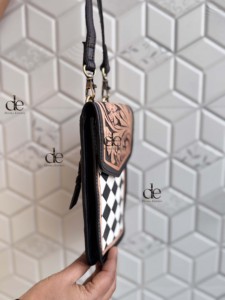 New Arrival Phone Purse Handbag Hand <b>Tooled</b> Carving <b>Leather</b> Bag Big Size Bag Checkers Pattern <b>Pouch</b> Unique Designer Sling Bag - Product Image 2