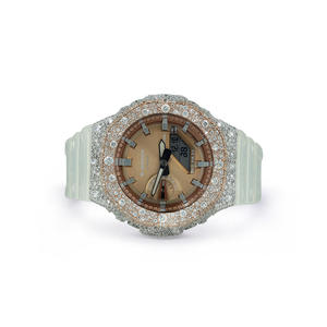 Fashionable Moissanite Diamond <b>Watch</b> with Sterling silver <b>Case</b> Half Iced Analog Dial Glass Rubber Band - Product Image 1