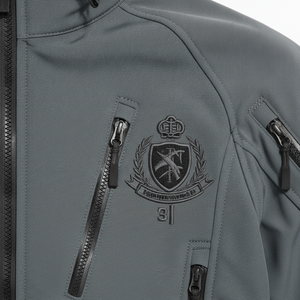 Men's Gray Hooded <b>Waterproof</b> PU Motorcycle <b>Jacket</b> With Front Logo Zipper Closure Solid Color Workwear Style <b>Winter</b> Wear - Product Image 5
