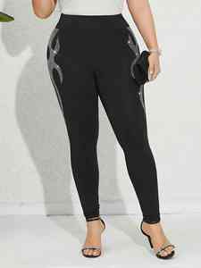 Legging décontracté pour femme, taille élastique, grande taille, anti-plis, respirant, écologique, uni, orné de strass, sur mesure - Product Image 6