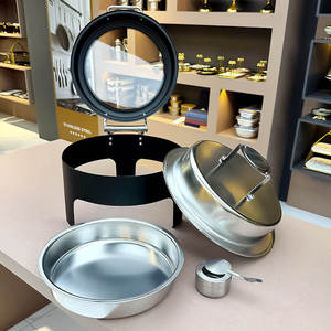 Round Visual Chafing Dish Stainless Steel <b>Buffet</b> Warmer with Glass Lid Ornate Gold Pillar Food <b>Server</b> Hotel Catering - Product Image 4