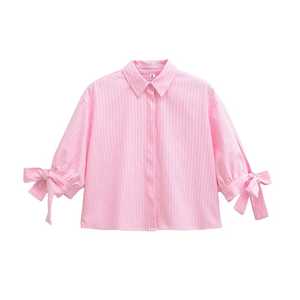 เสื้อเชิ้ตผ้าทอลายทางสีชมพู ปกพับได้ แขนสั้น ทรงหลวม สำหรับผู้หญิง สวมใส่สบายๆ ในชีวิตประจำวัน เสื้อผ้าลำลองสำหรับผู้หญิง - Product Image 1
