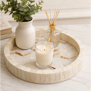 Plateau rond en nacre avec incrustation d'os, plateau décoratif de luxe à motif chevron pour centre de table basse et vente en gros pour la maison - Product Image 6