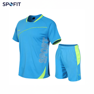 Ensemble de maillot de sport bleu pour homme, manches courtes, col rond, évacuation de l'humidité, séchage rapide, polyester, vêtements de sport d'été - Product Image 1