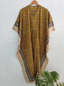Floral Bagru Print Cotton Kaftan : Indian <b>Long</b> <b>Boho</b> Maxi Summer <b>Dress</b> V - Neck Loungewear - Product Image 2