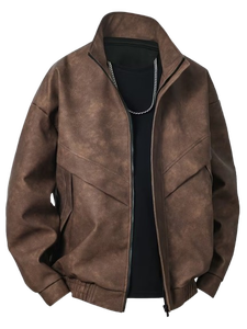 Blouson en cuir PU marron vieilli unisexe coupe ample col montant style motard personnalisé B2B streetwear coupe-vent vente en gros - Product Image 1