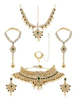 Parure de collier ras-du-cou, boucles d'oreilles et Maang Tikka ethniques vintage en cuivre plaqué or avec perles, pour mariée, de haute qualité, de marque tierce