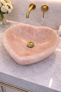 Lavabo de Ónix Rosa en Forma de Corazón de Lujo con Desagüe Dorado, Lavabo Moderno para Baño, Elegante Lavabo de Piedra - Product Image 4