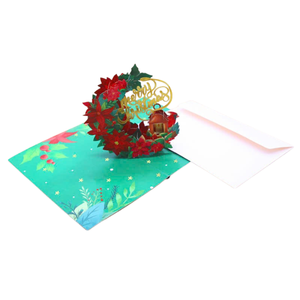 Carte de vœux 3D pop-up en gros, thème couronne de Noël florale, carte de vœux 3D de Noël avec enveloppe, carte de vœux faite à la main pour cadeaux - Product Image 5