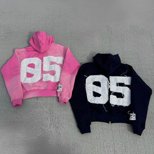 Hoodie personnalisé coupe-vent 100 % coton pour l'automne, style streetwear, avec fermeture éclair, appliqué, patchwork vieilli et broderie - Product Image 5