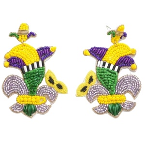Mardi Gras couleur violet/jaune et vert lèvres perlées à la main déclaration de fête boucles d'oreilles pendantes d'Inde boucle d'oreille faite à la main - Product Image 3