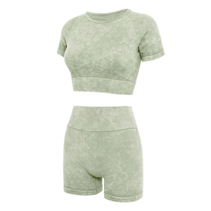 <b>Women</b> Acid Wash 2 Piece Workout <b>Set</b> <b>Short</b> Sleeve Crop <b>Top</b> High Waist Skinny Knee Length <b>Shorts</b> Quick Dry Gym Outfit - Product Image 2