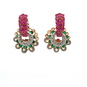 Exquisite luxury <b>earrings</b> featuring a brilliant circular base adorned with <b>green</b> emeralds and clear diamonds, topped by a curved - Product Image 1