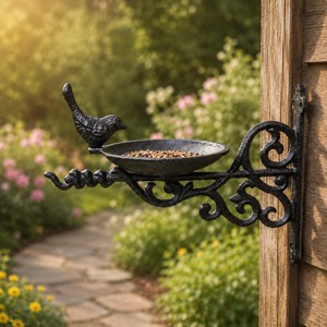 Mangeoire à oiseaux vintage en fonte, décor de jardin en fer forgé, bain d'oiseaux suspendu avec pot à graines, en fer, pour usage décoratif - Product Image 3
