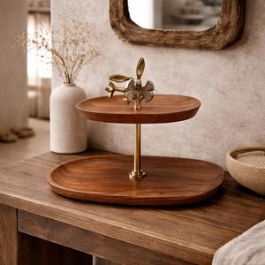 Plateau de service en bois à 2 niveaux résistant à la chaleur, plateau à dessert en bois d'olivier, support de présentation pour collations pour table de fête - Product Image 3
