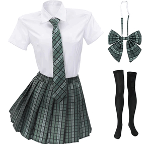 Fashion Anime Cosplay School Uniform Women Brown Jacket Blue Skirt Outfit Set - Product Image 1