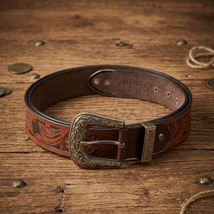Vintage Wester Style Hand Carved Floral Engraved Men <b>Women</b> <b>Brown</b> Western Leather Tooling <b>Belt</b> with Designer Brass Buckle Set - Product Image 1