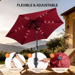 Ombrellone da Esterno a LED Solare da 2,7 m con Pulsante di Inclinazione e Manovella, Impermeabile, 6 Stecche, in Poliestere, per Patio e Tavoli da Mercato - Product Image 4