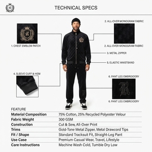Men's Black Cotton Velour Breathable Anti-Pilling Heavyweight <b>Tracksuit</b> 320GSM <b>90s</b> Heritage Streetwear 2-Piece Sweatsuit Regular - Product Image 5