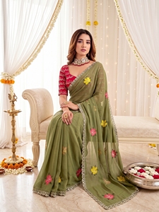 AARA Fashion Green Embroidered Silk <b>Saree</b> Pink <b>Yellow</b> Floral Design Sun Protection Wedding Women Traditional Indian Sari Floor - Product Image 5
