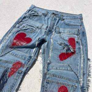 Pantalones vaqueros de hombre rasgados de color liso estilo holgado urbano Hip Hop, pantalones vaqueros acampanados para hombre con logo personalizado, ¡gran oferta! - Product Image 6