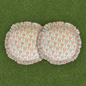 Funda de cojín decorativa redonda de mezcla de lino con volantes |   16x16 Pulgadas |   Estampado Floral de Loto |   Cierre de Cordón |   Venta al por mayor en India - Product Image 1