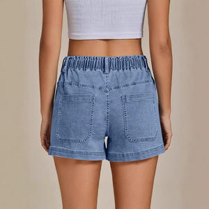Shorts de Mezclilla de Cintura Alta para Mujer, Estilo Europeo Americano, Cintura Elástica con Cordón Ajustable, Corte Recto, para Comercio Exterior Transfronterizo, Aliexpress - Product Image 2